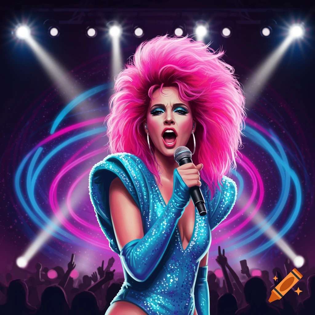A vibrant illustration of an 80s female singer with big pink hair, in a sparkly blue costume, singing into a microphone on stage under spotlights.