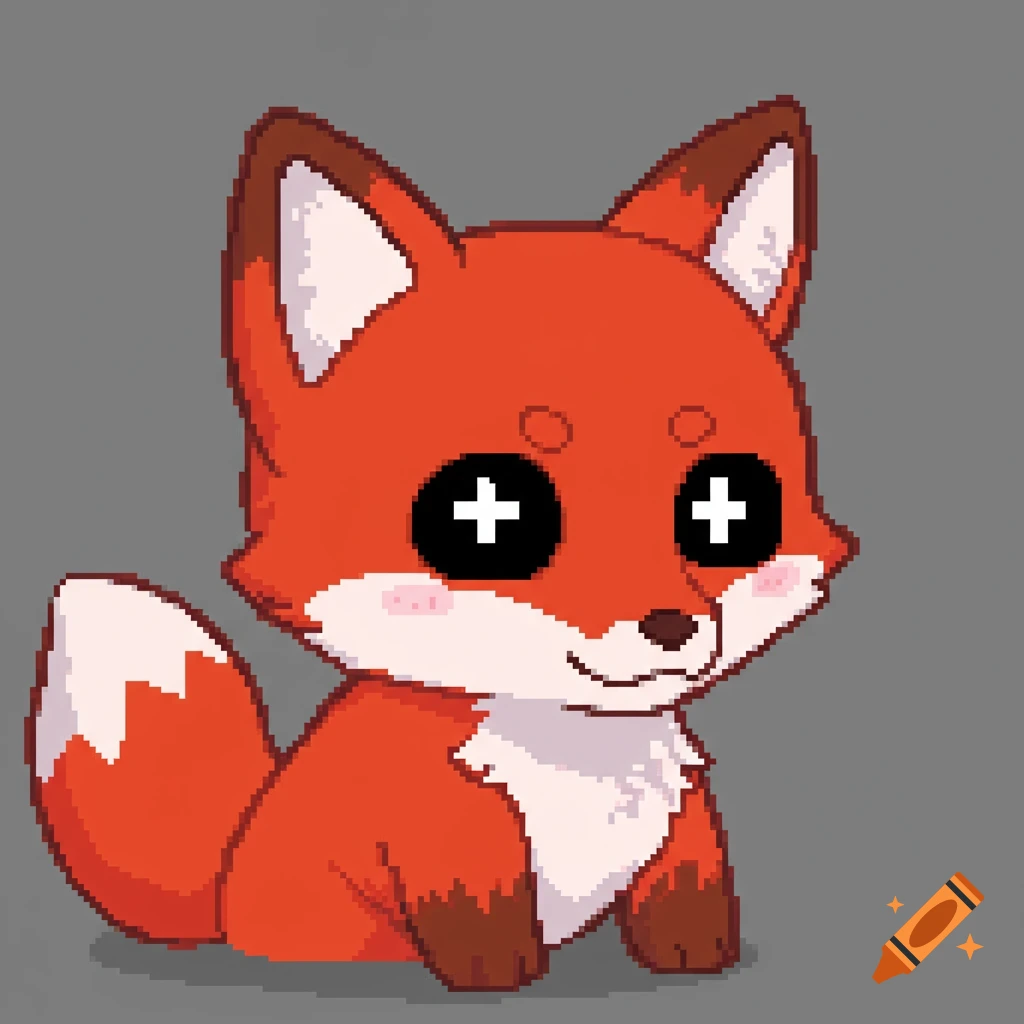 A cute, pixel art red fox with black eyes and white plus-sign pupils sitting.