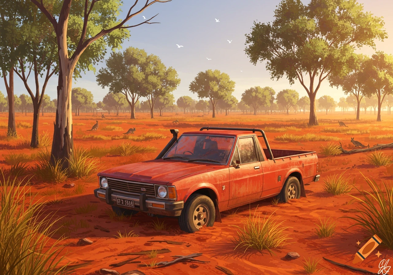An old red ute is stuck in the red dirt of the Australian bush at sunset, with kangaroos hopping in the background and trees silhouetted against the sky.