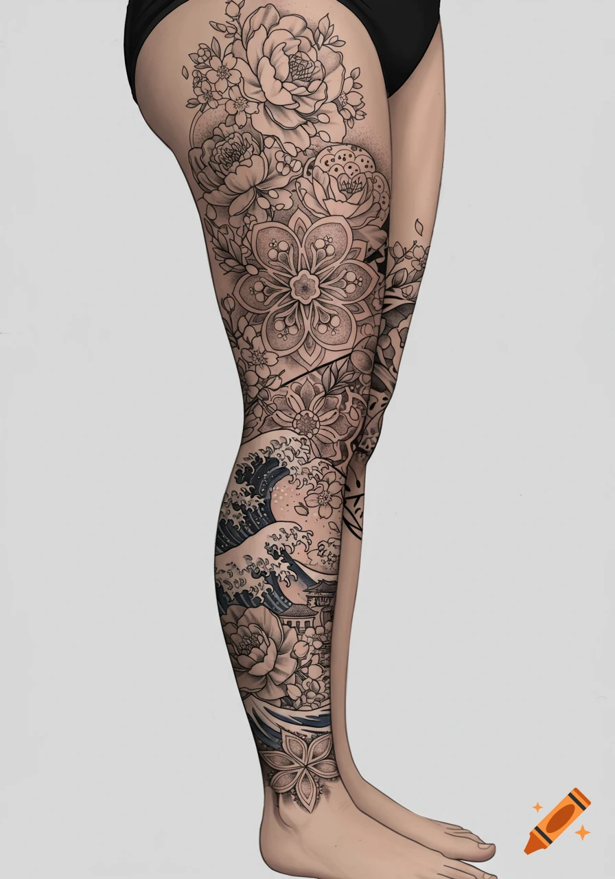 A leg sleeve tattoo featuring intricate black and gray floral patterns, mandalas, geometric shapes, and Japanese wave and cherry blossom motifs.