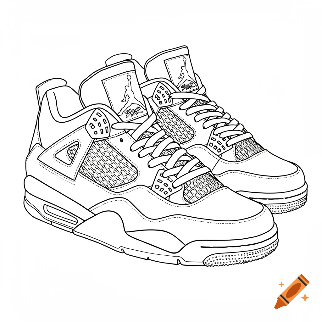 Line art coloring page featuring a pair of Jordan 4 sneakers with visible Jumpman logos on the tongues.