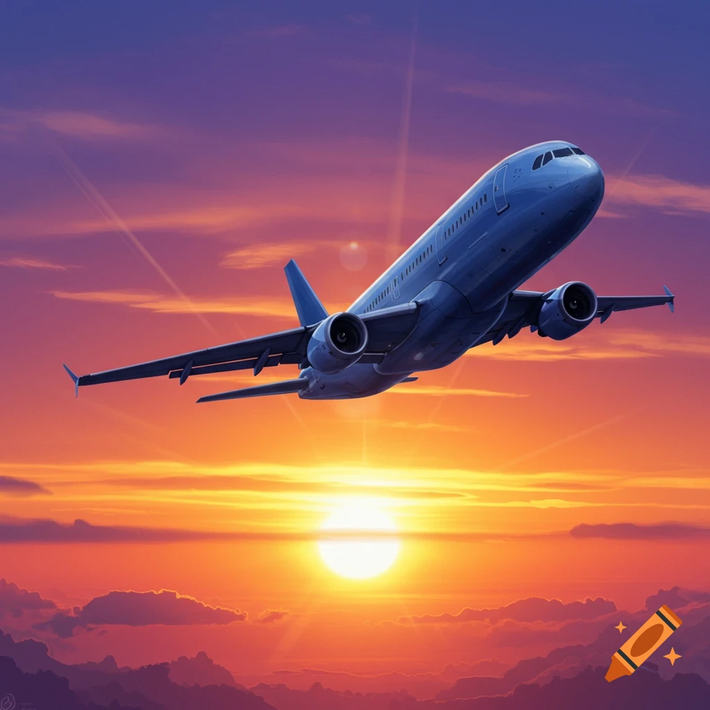 A blue passenger airplane flies through a vibrant orange and purple sunset sky with the sun low on the horizon, an illustrated style.