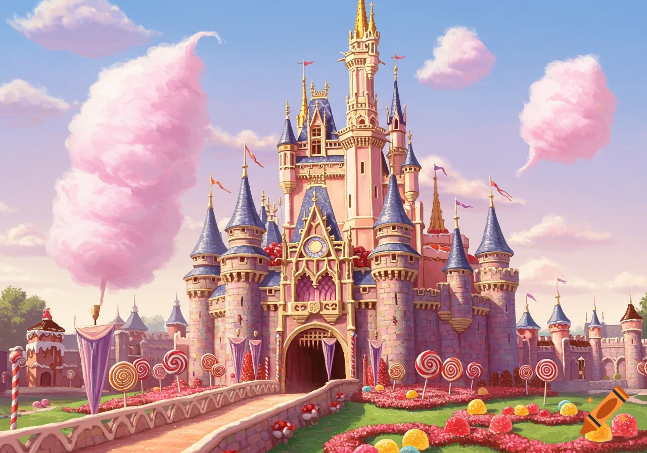 A whimsical, pink and blue castle made of cakes and candies, surrounded by lollipops and jelly beans under a sky with cotton candy clouds.