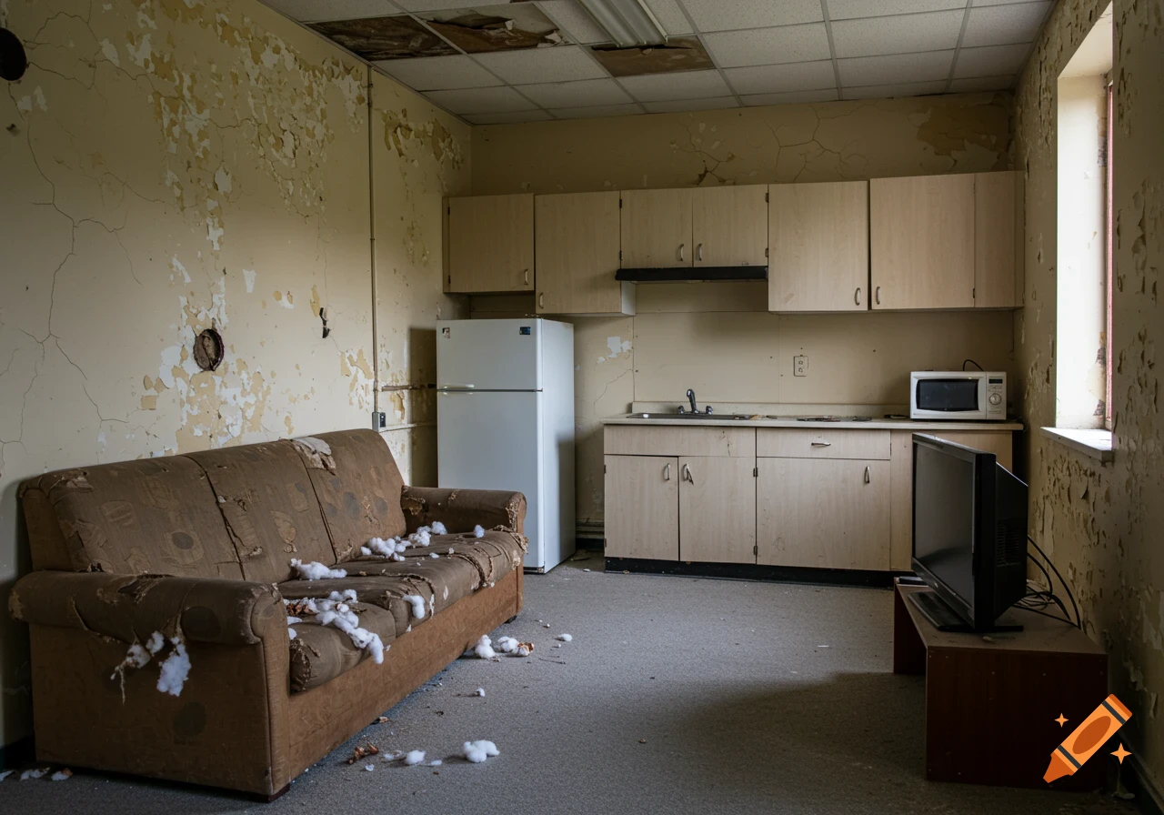 A dilapidated room with peeling paint, a ripped brown sofa, a white refrigerator, kitchen cabinets, a sink, microwave, and old television.