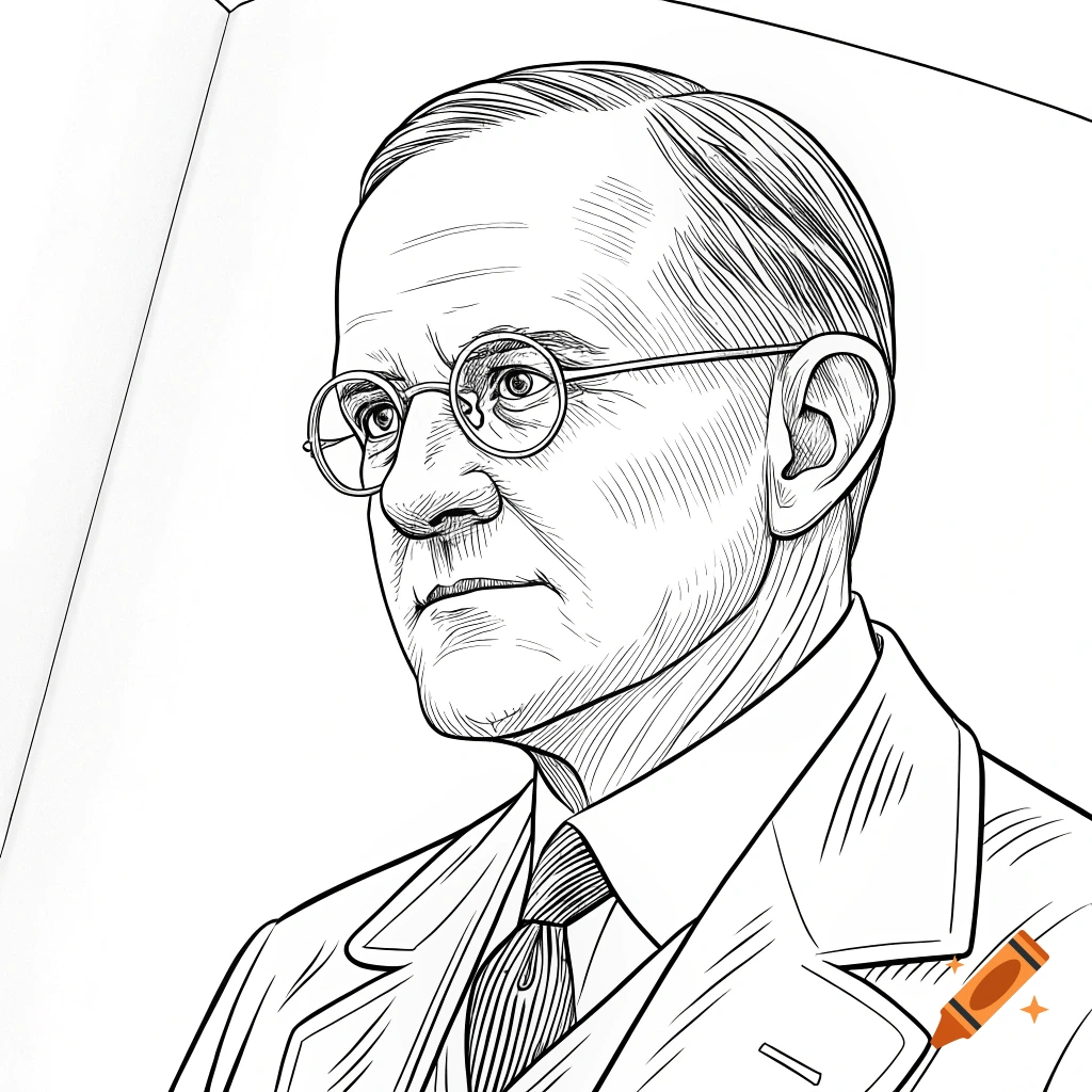 Black and white line art portrait of President Calvin Coolidge, suitable for a coloring book.
