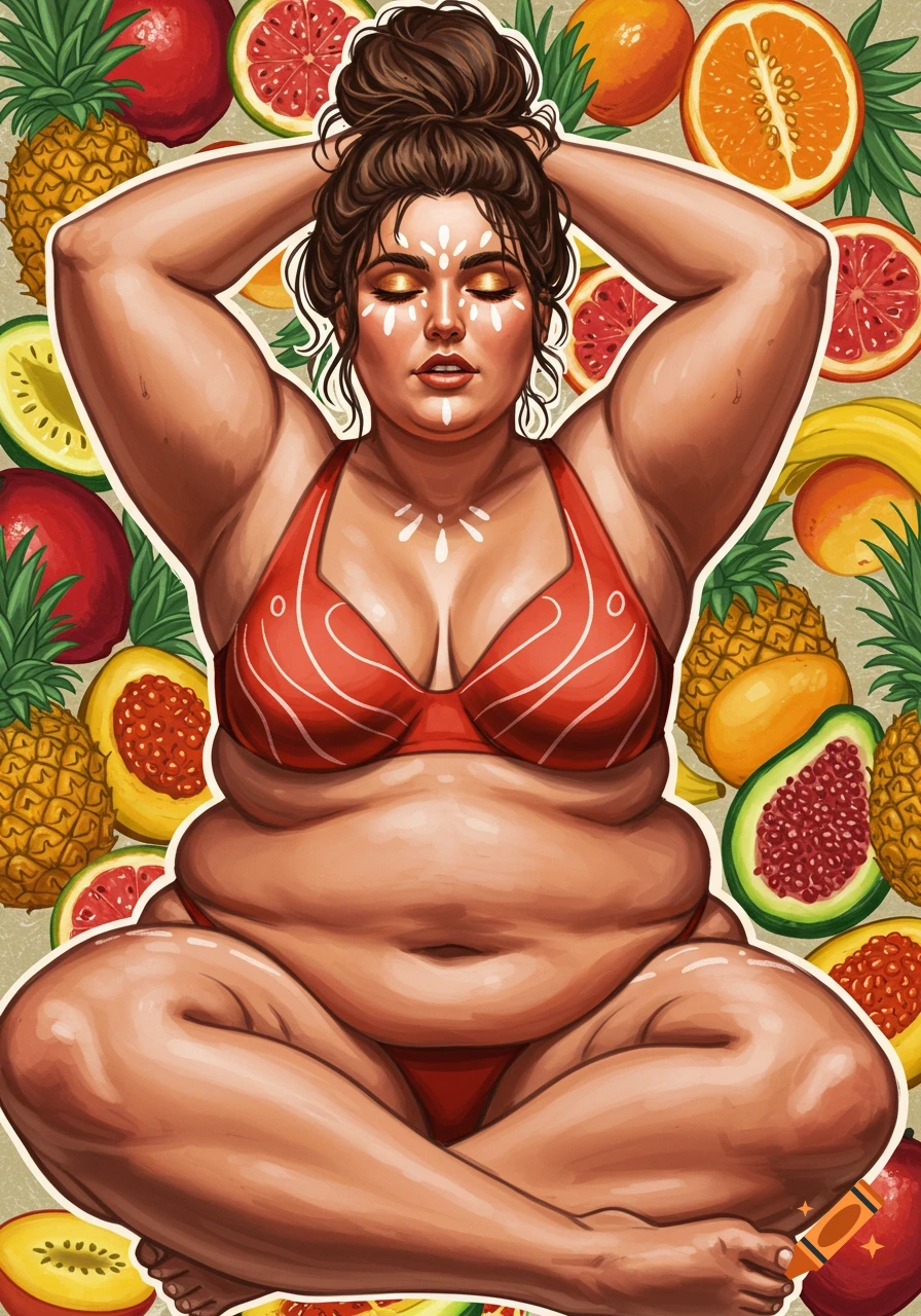 A curvy woman in a red bikini sits cross-legged, hands behind her head, surrounded by exotic fruits. Vibrant illustration style.