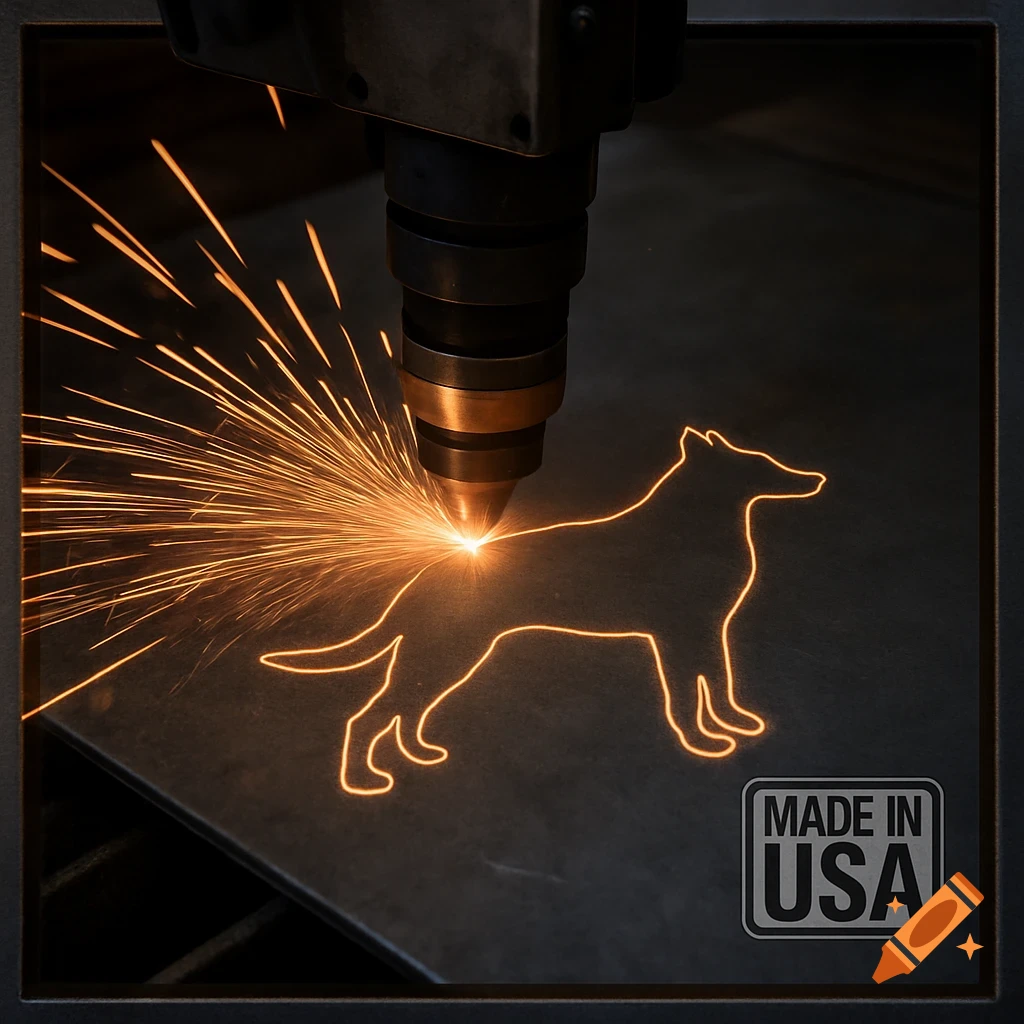 A laser cutter machine outlines a dog on a metal sheet, with sparks flying, and a 'MADE IN USA' badge in the corner.