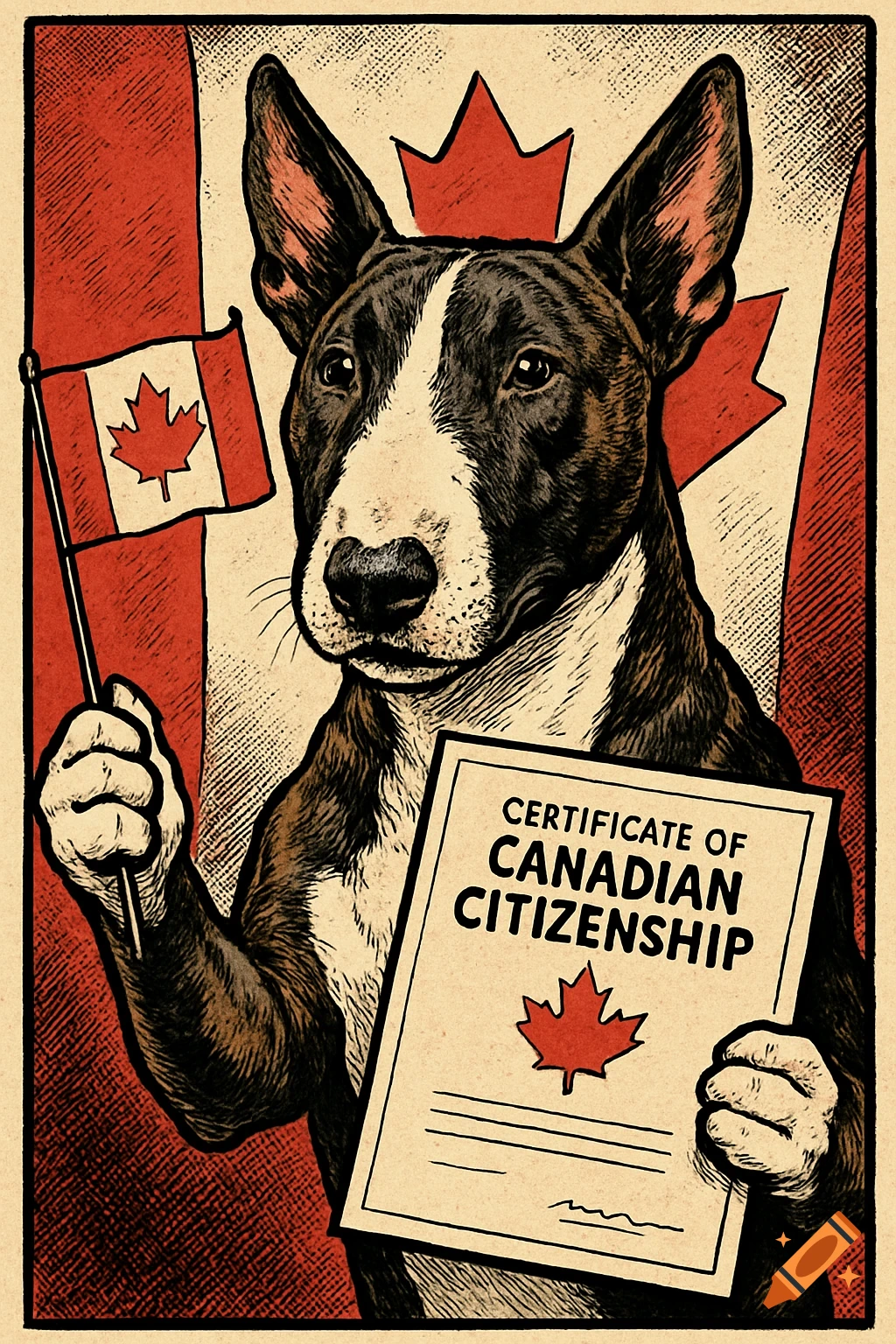 A comic book-style bull terrier holds a Canadian flag and a citizenship certificate, with a large Canadian flag in the background.