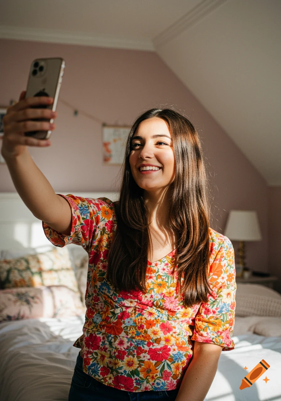 A smiling young woman in a floral top takes a selfie with her phone in a sunlit bedroom.