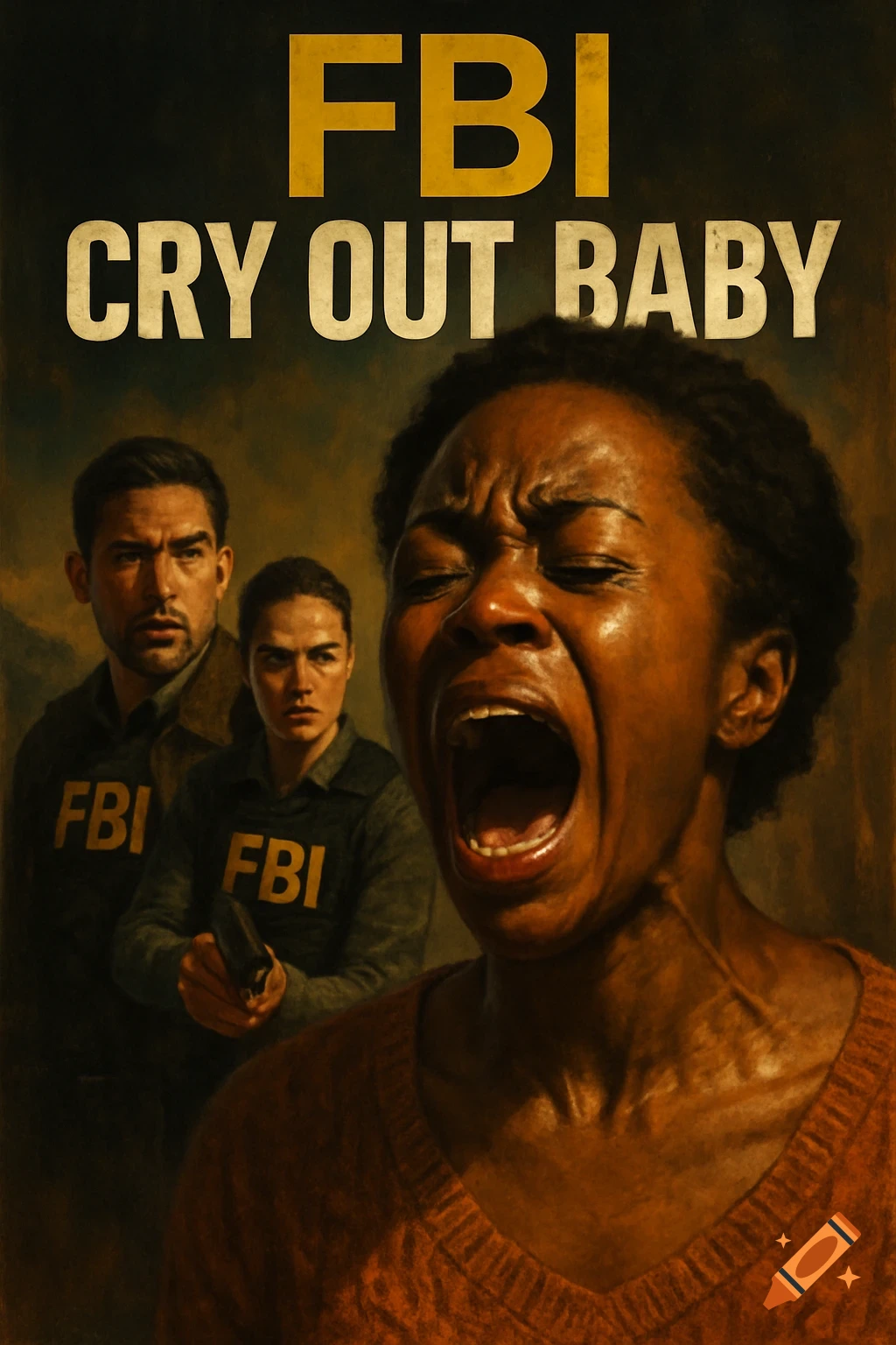 A distressed woman screams with FBI agents behind her, text 'FBI CRY OUT BABY' at top, in a painterly style.