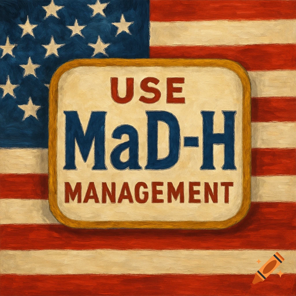 An old-fashioned, painterly sign with 'USE MaD-H MANAGEMENT' in front of an American flag.