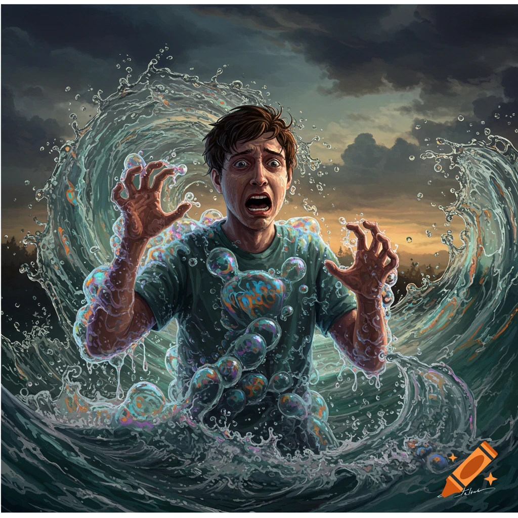 A terrified man with wide eyes and open mouth is engulfed by swirling water and colorful bubbles under a stormy sky.