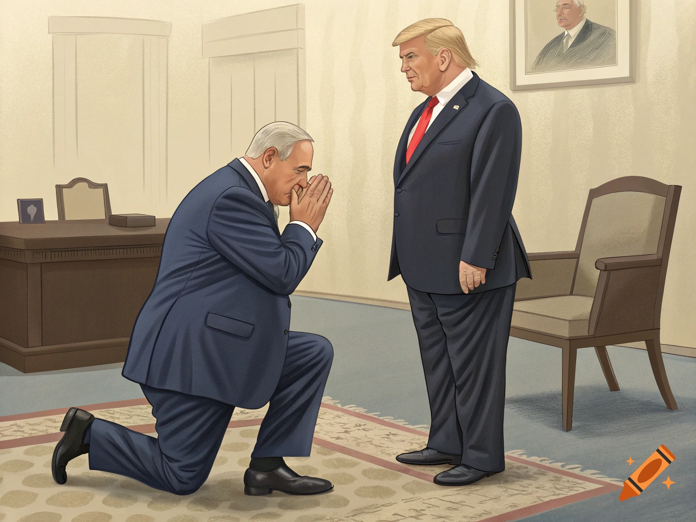 An illustration of Donald Trump standing as a man kneels before him, with his hands clasped over his mouth, in an office.