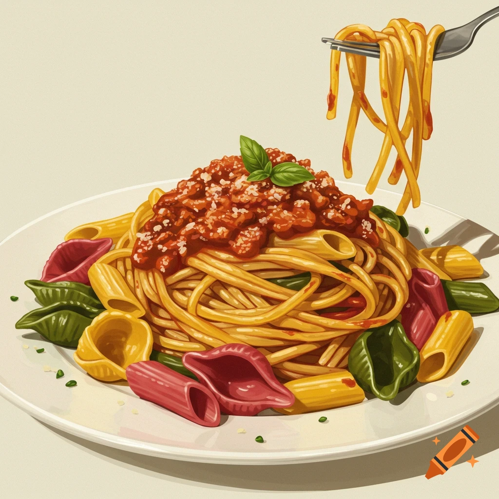 A vibrant illustration of spaghetti with bolognese sauce and colorful pasta shells on a white plate, with a fork lifting some spaghetti.