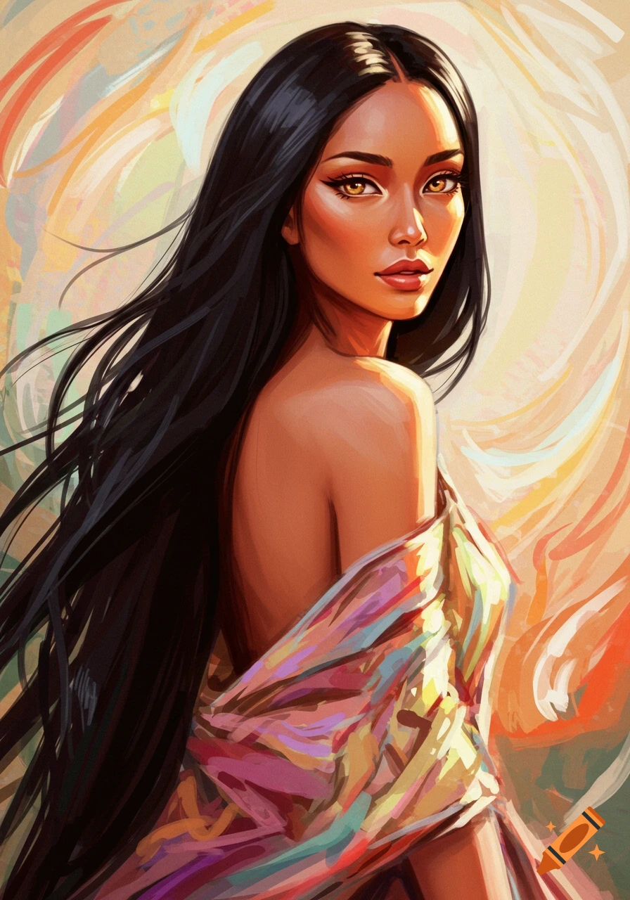 Digital painting of a woman with long black hair and bright eyes ...