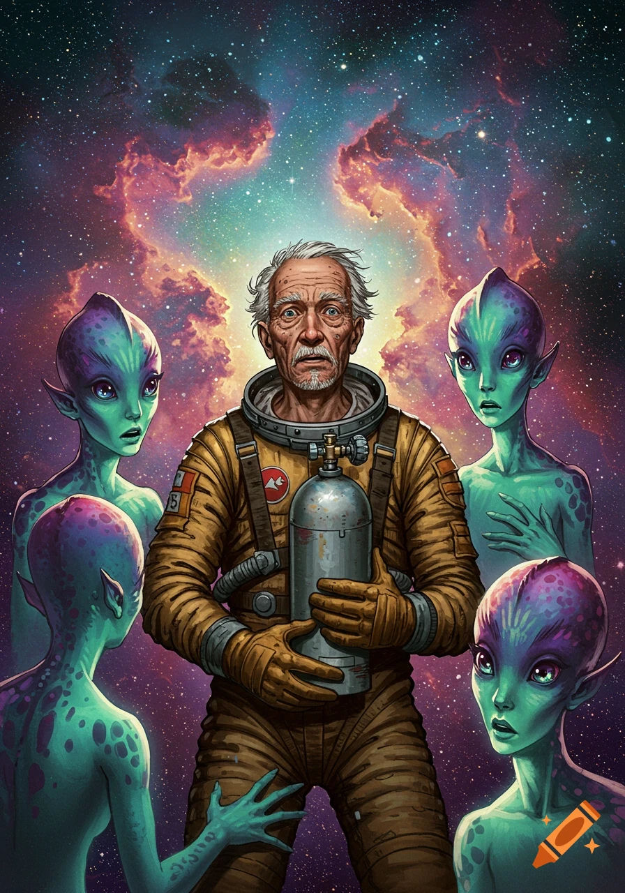An old man in a spacesuit holds an oxygen tank, looking shocked, surrounded by four curious green and purple aliens in deep space.