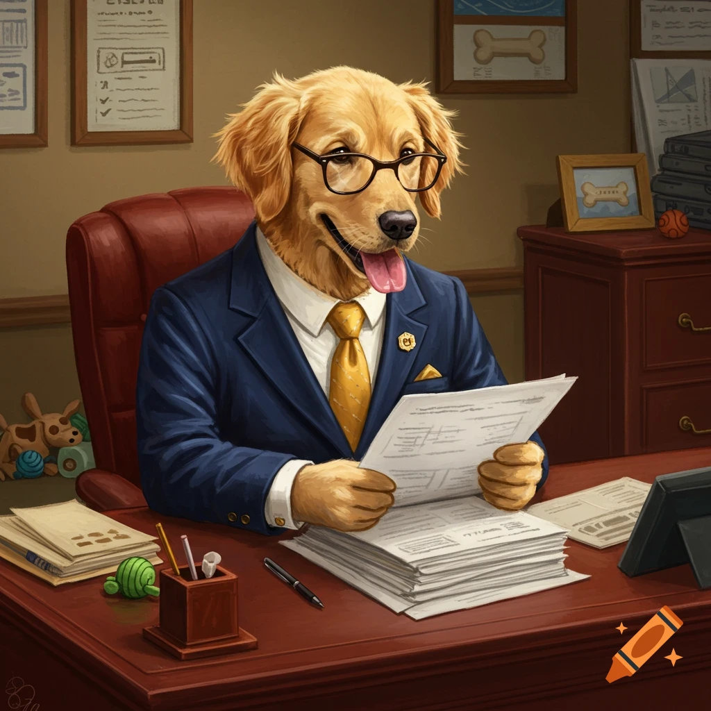 A golden retriever wearing a blue suit, yellow tie, and glasses sits at a wooden desk in an office, reading documents.