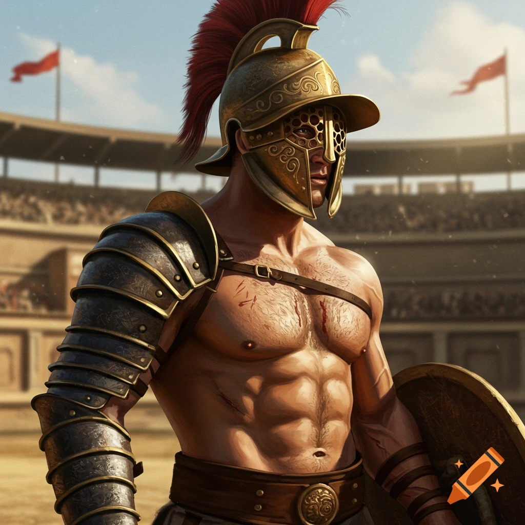 A photorealistic portrayal of a gladiator in ornate armor and helmet, standing in a sandy arena with a coliseum in the background.