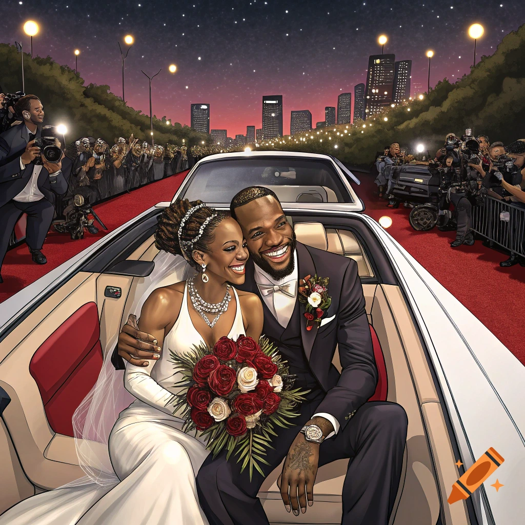 A smiling couple sits in the back of a white convertible limo on a red carpet surrounded by paparazzi and a crowd.