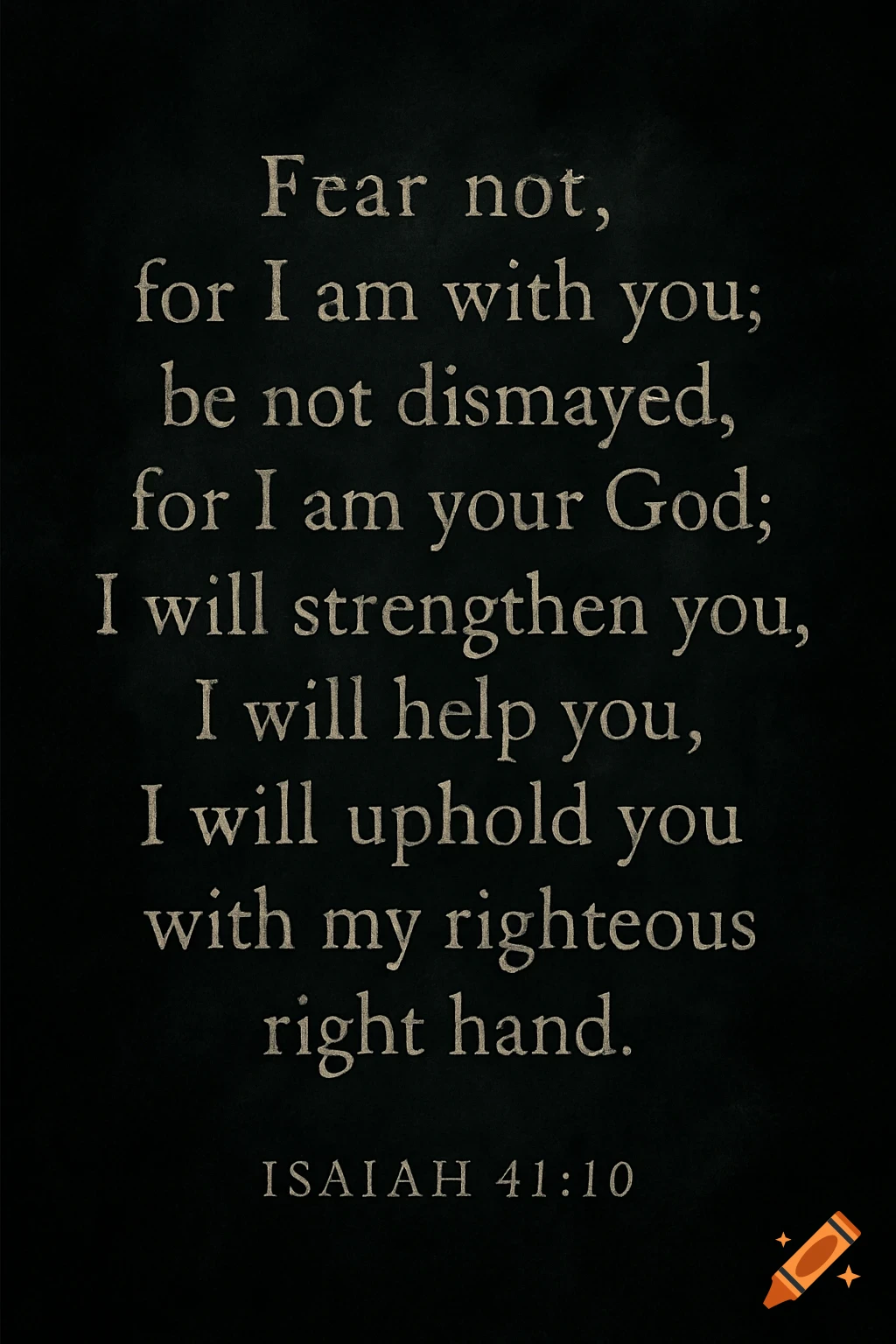 A Bible verse from Isaiah 41:10 in white text on a dark, textured background. The text reads: Fear not, for I am with you; be not dismayed, for I am your God; I will strengthen you, I will help you, I will uphold you with my righteous right hand.