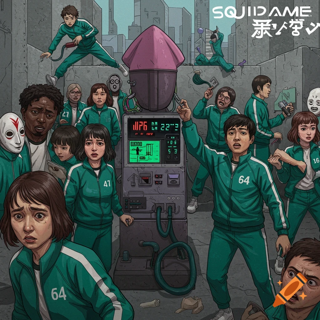 A group of people in green tracksuits with numbers on them, looking distressed around a large machine with a pink, squid-like top in an industrial setting. Some text, including 'SQUIDGAME', is visible at the top.