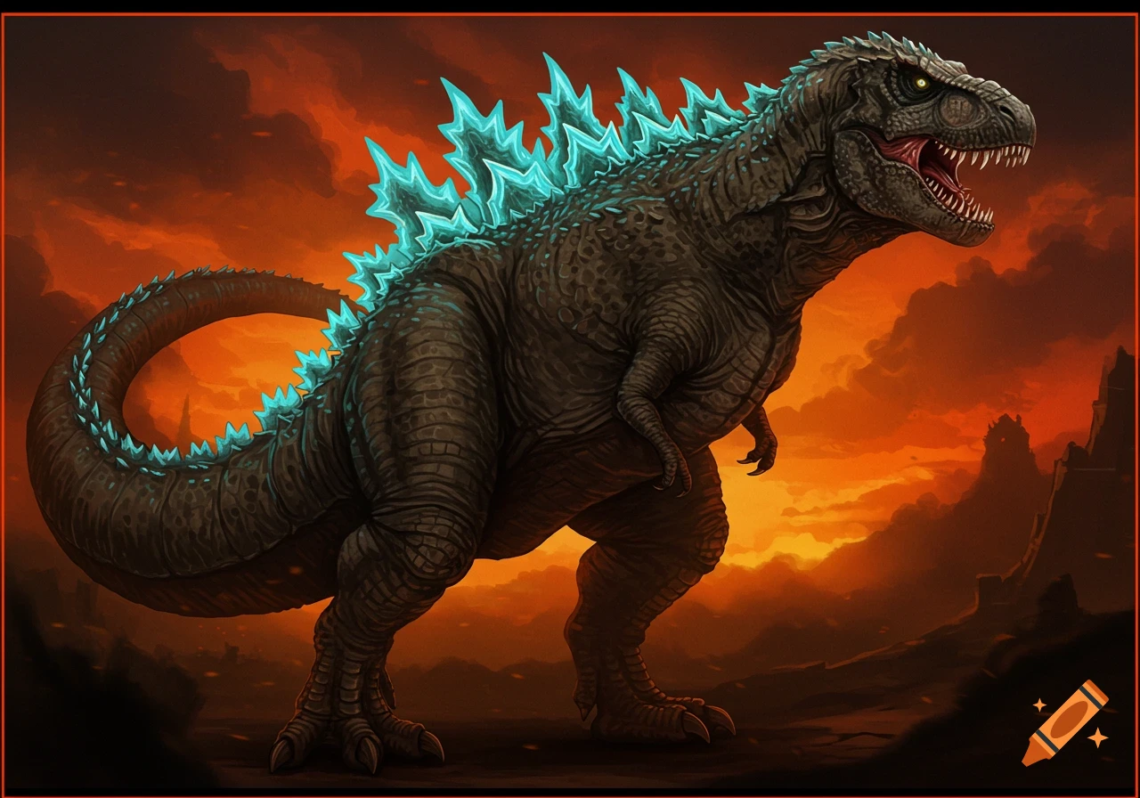 A monstrous T-rex-like creature with glowing blue dorsal fins stands in a dramatic, fiery apocalyptic landscape.