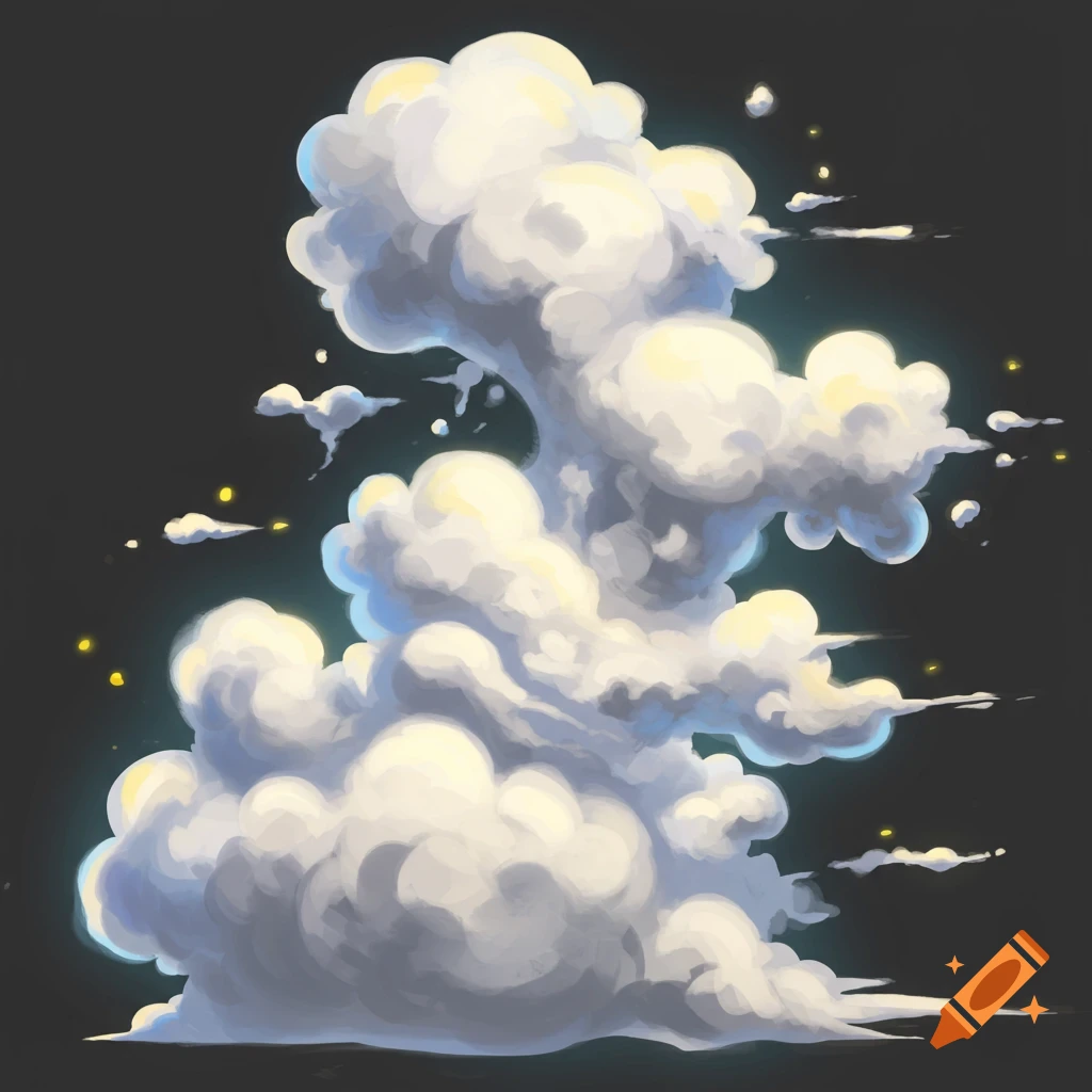 A stylized cartoon smoke cloud with white and blue tones, highlighted by yellow accents, against a dark background.