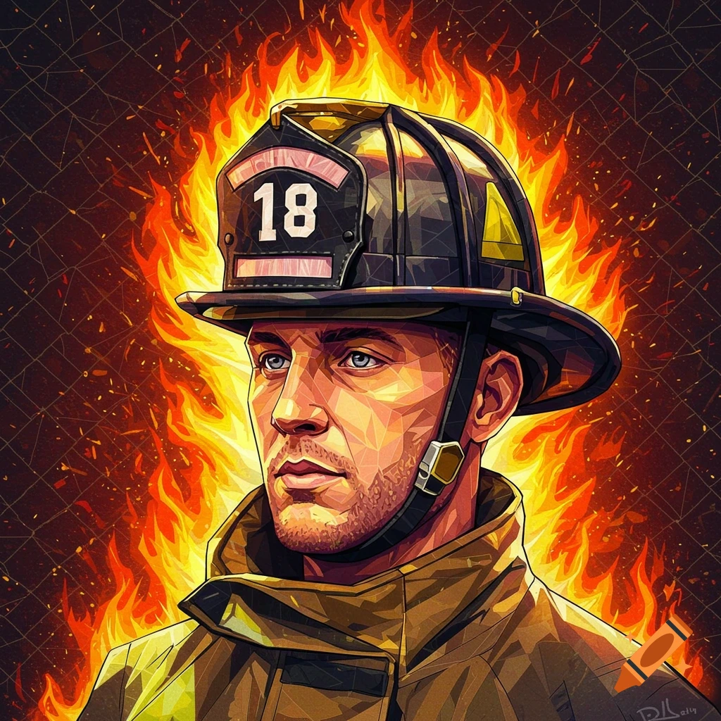 A tessellated portrait of a male firefighter wearing a helmet with the number '18', set against a backdrop of flames.