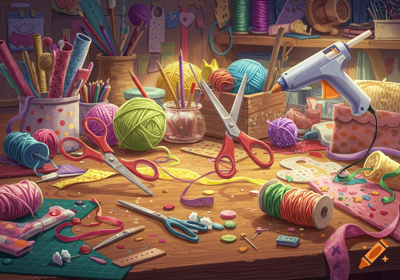 A vibrant, detailed illustration of a messy craft room table filled with colorful yarn, scissors, glue guns, pencils, ribbons, and beads.