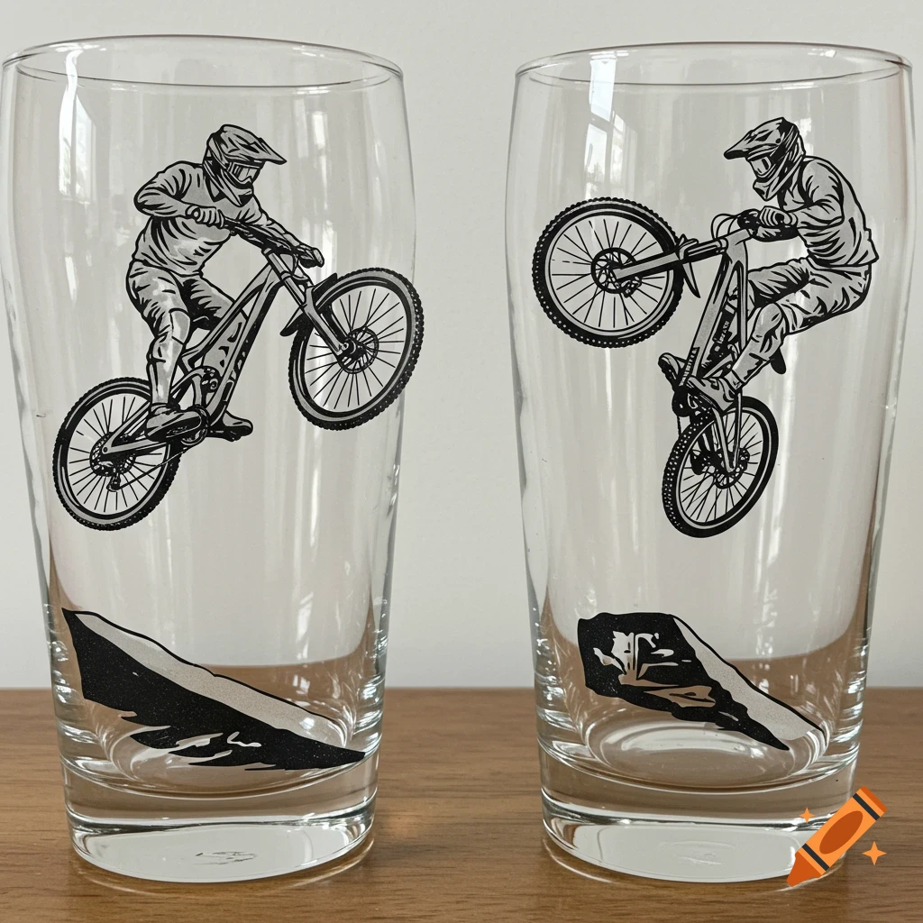 Two clear glasses featuring black and white illustrations of mountain bikers, one mid-jump and one doing a wheelie.
