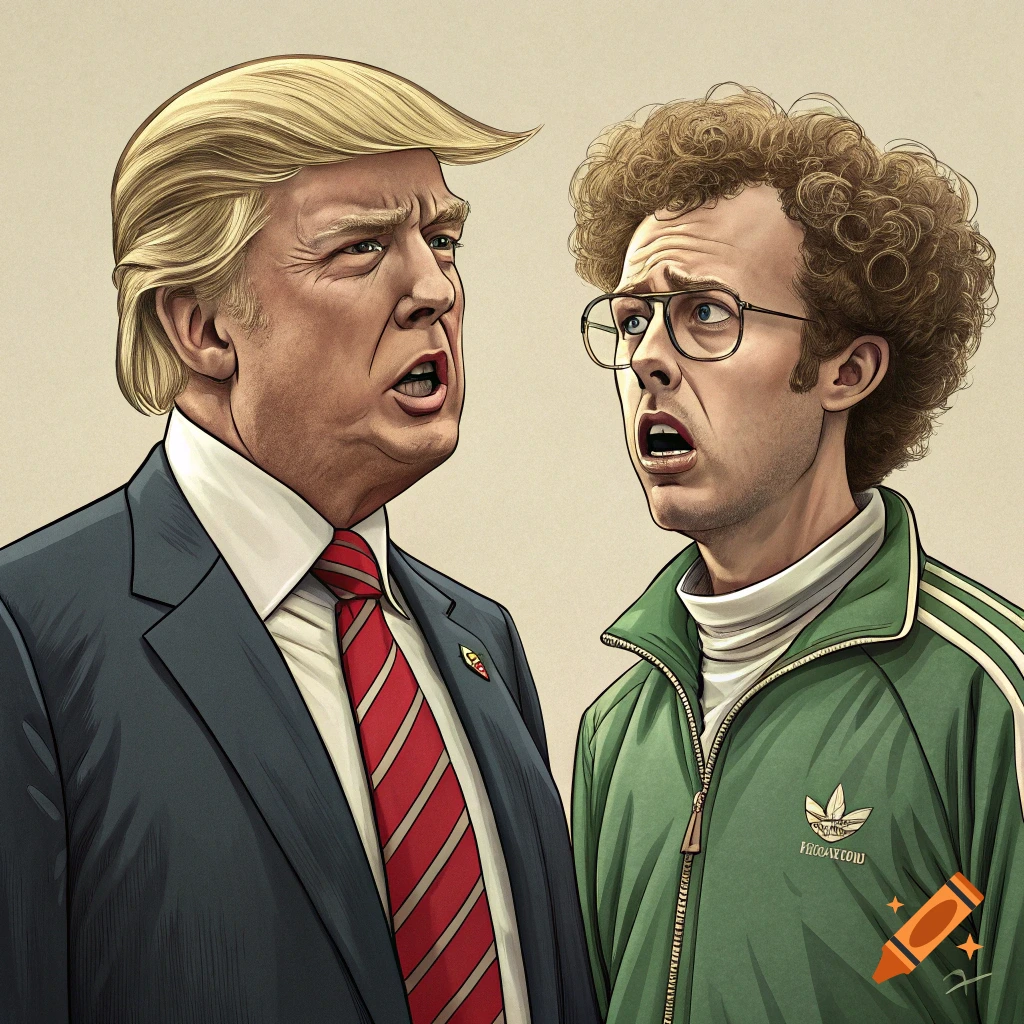 Caricature portrait of Donald Trump and Napoleon Dynamite looking at each other with surprised expressions.