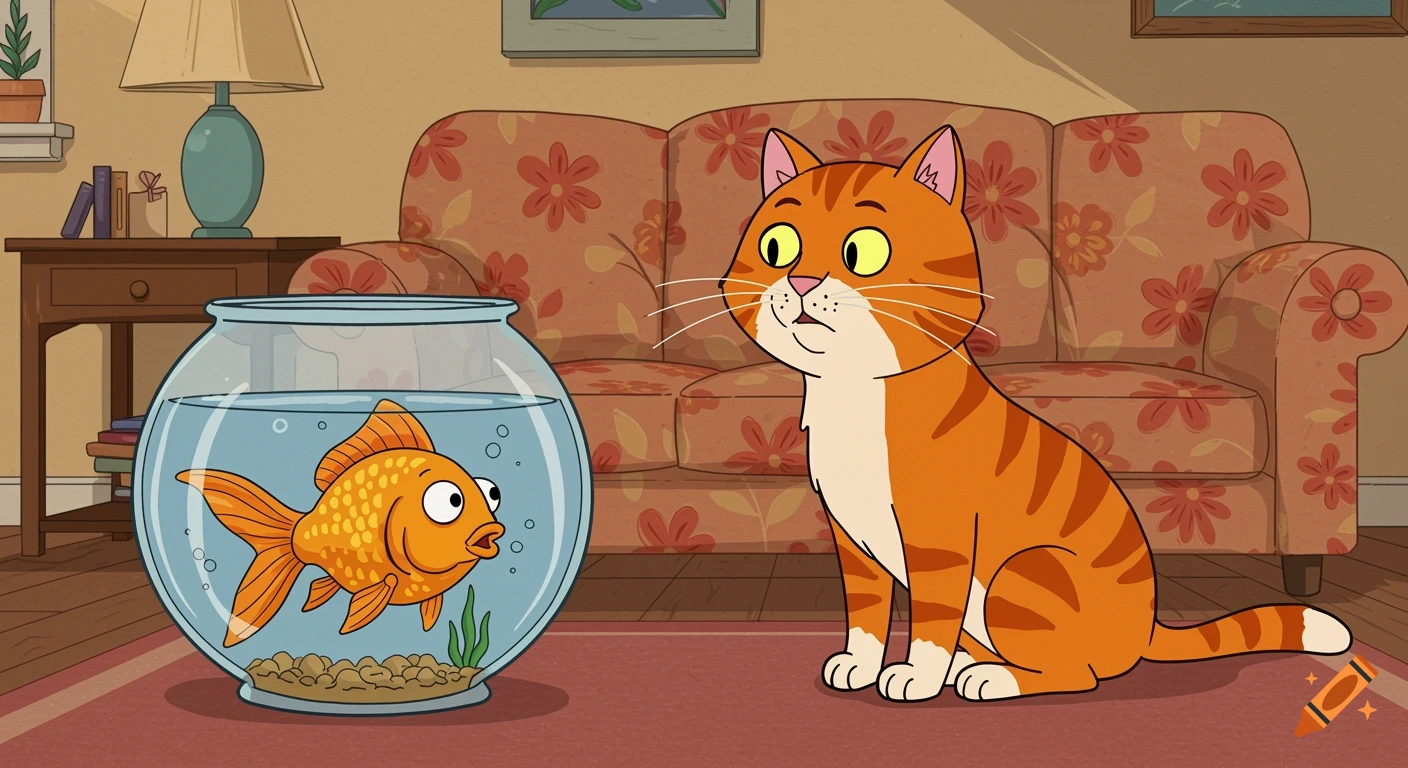 An orange tabby cat stares intently at a goldfish swimming in a glass bowl in a cartoon living room.
