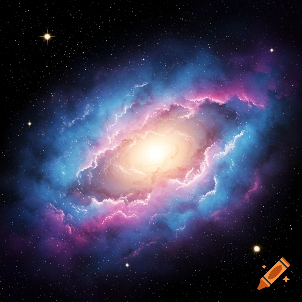 A vibrant galaxy with blue, purple, and pink nebulae swirling around a bright, luminous core against a dark, star-filled space.
