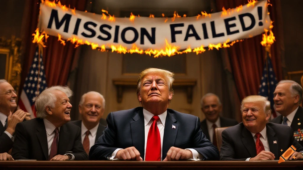 Photorealistic image of Donald Trump looking upward with eyes closed as a burning banner reading 'MISSION FAILED!' hangs above him, surrounded by laughing men.
