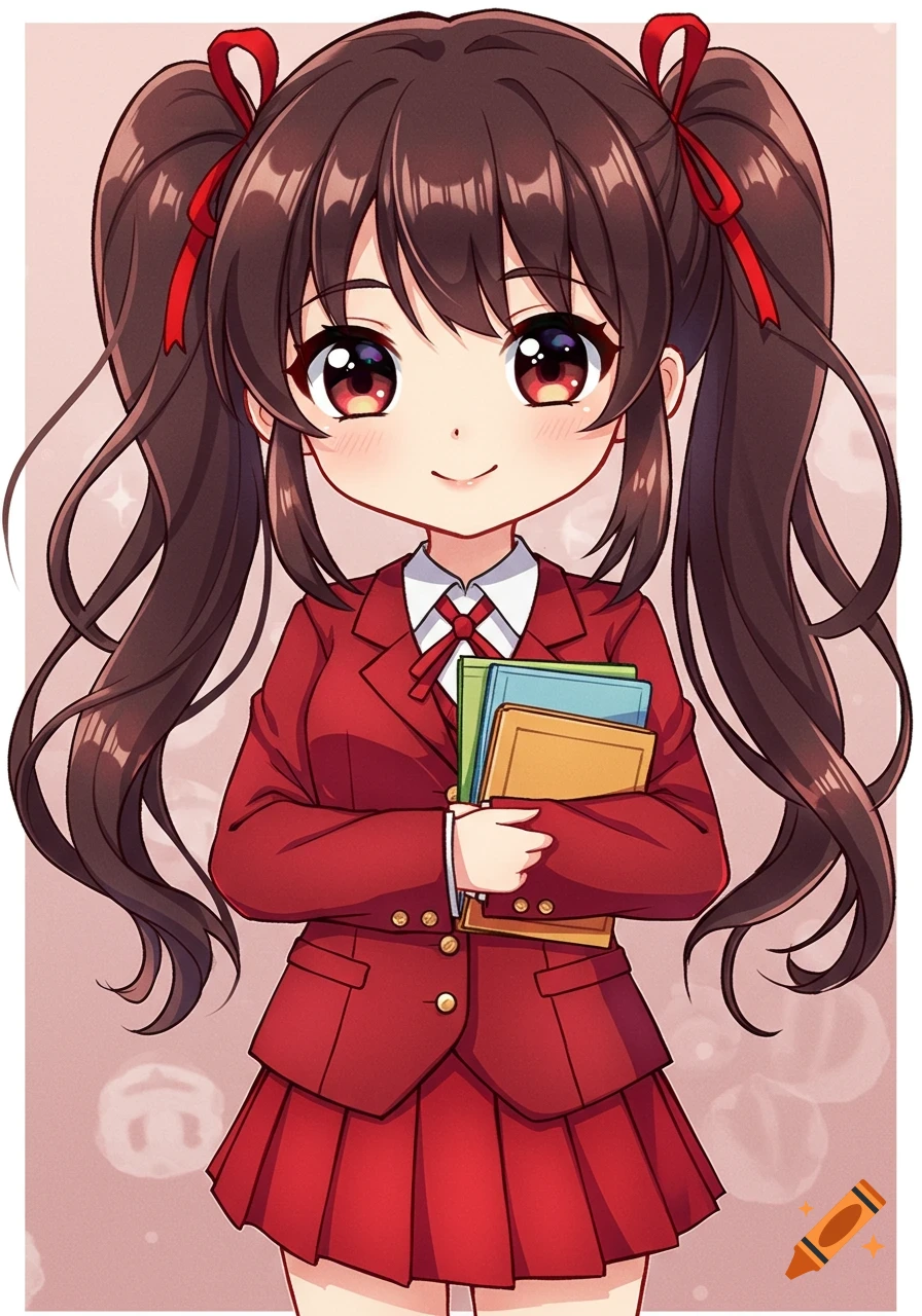 Cute anime girl with brown pigtails in a red school uniform holding books.