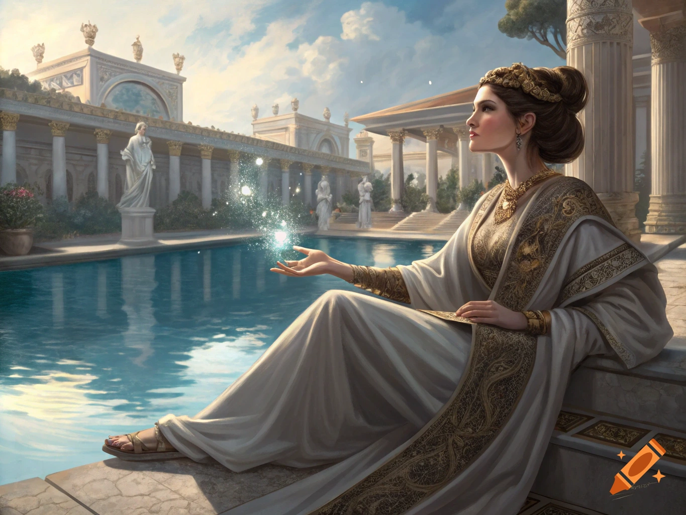 A beautiful woman in an elaborate classical gown sits by a grand pool, manipulating glowing mana in her hand.
