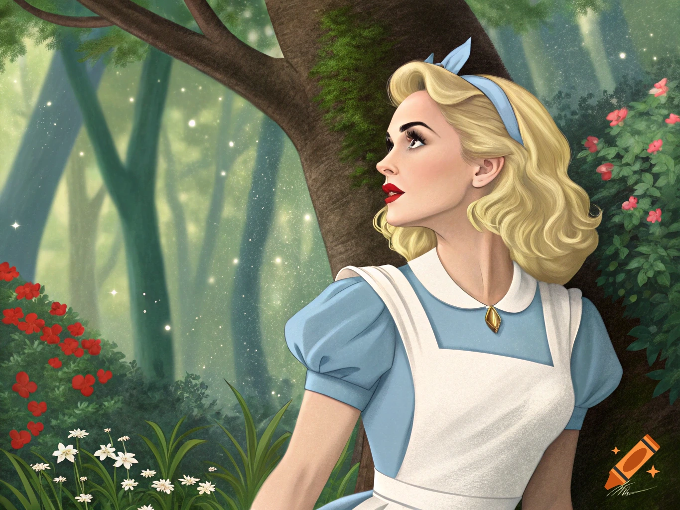 An illustration of a woman resembling Madonna dressed as Alice in Wonderland, looking up in a whimsical forest.