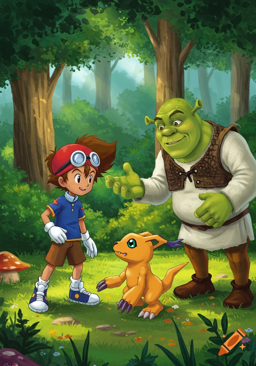 Tai from Digimon, accompanied by Agumon, meets Shrek in a vibrant green forest in a cartoon art style.