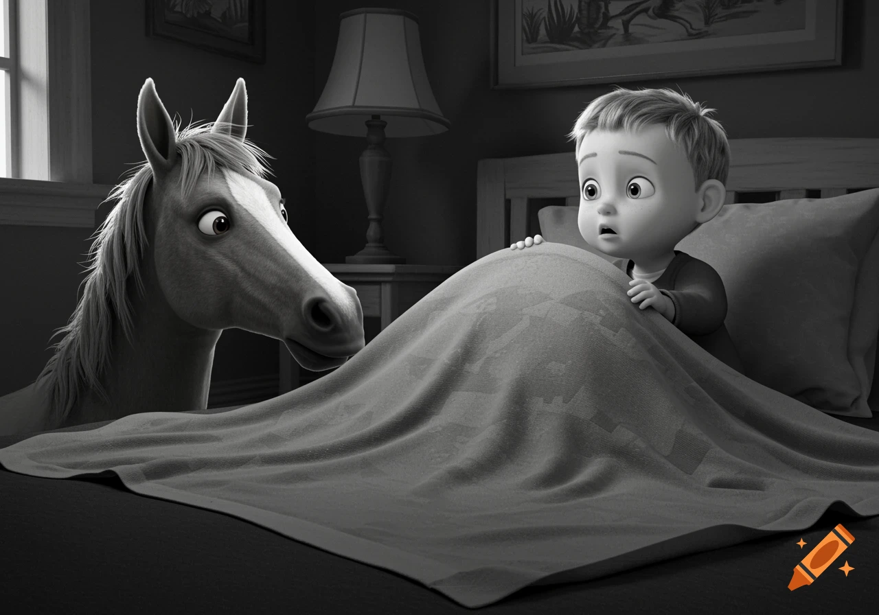 A surprised cartoon toddler looks at a horse's head peeking out from under a blanket on a bed in a black and white cartoon style.