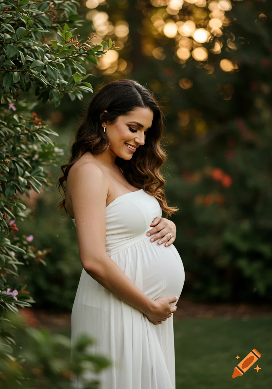 A smiling pregnant woman in a white dress cradles her belly in a lush green garden with golden light filtering through the trees.