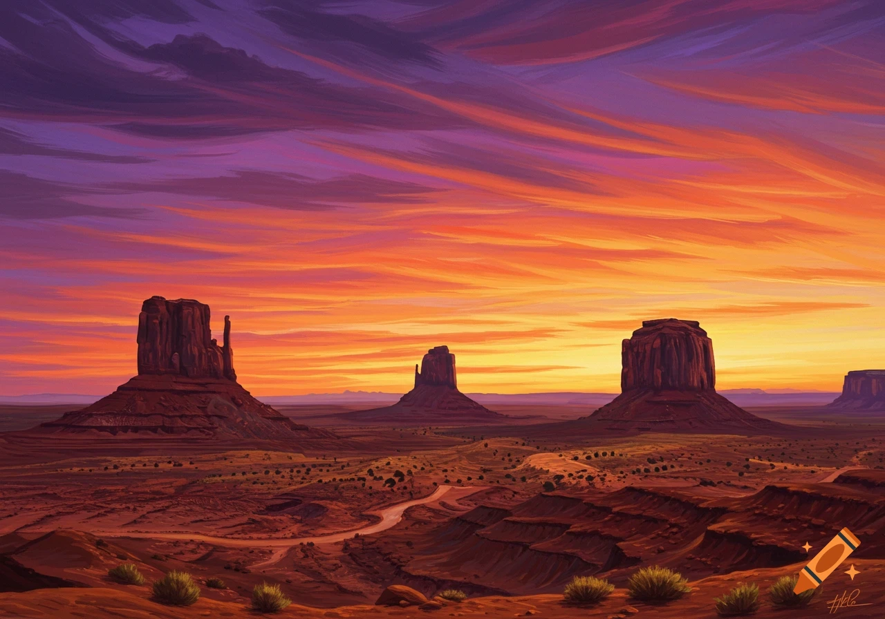 A vibrant impressionist painting of Monument Valley at sunset, with iconic buttes and a colorful sky.