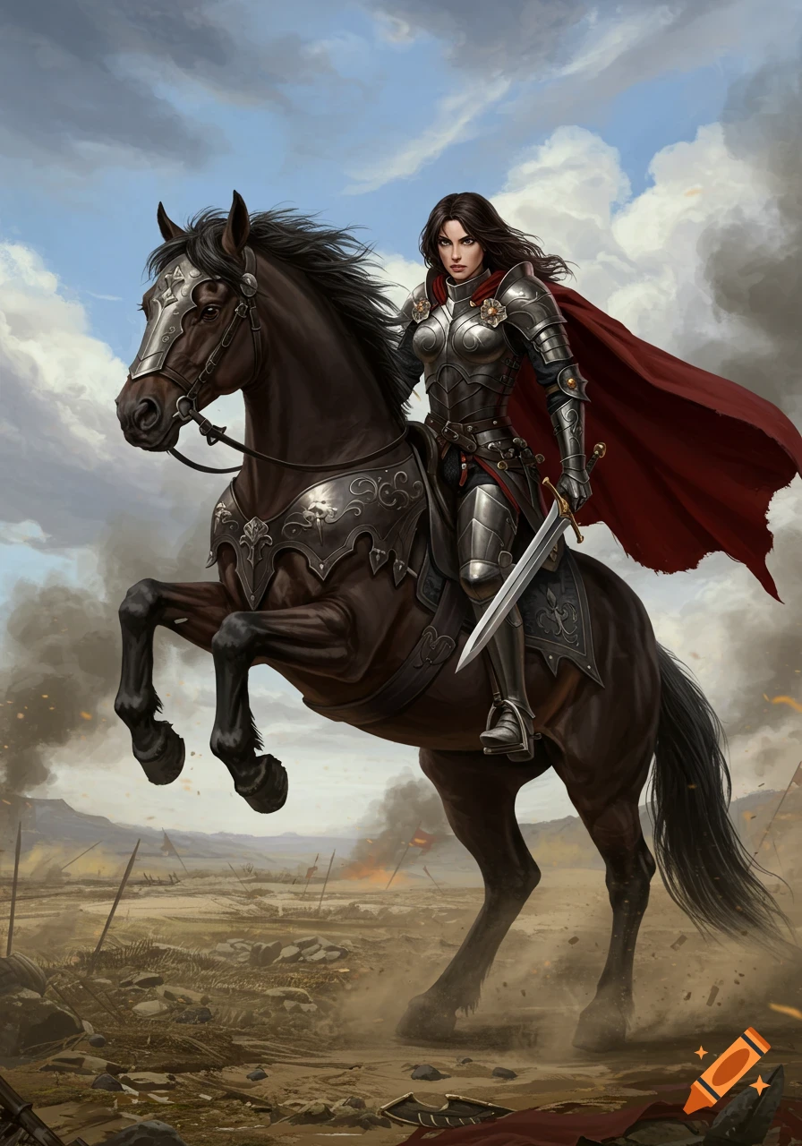 A female warrior in full plate armor with a red cape and sword rides a rearing dark horse on a battle-torn field under a cloudy sky, in a digital painting style.
