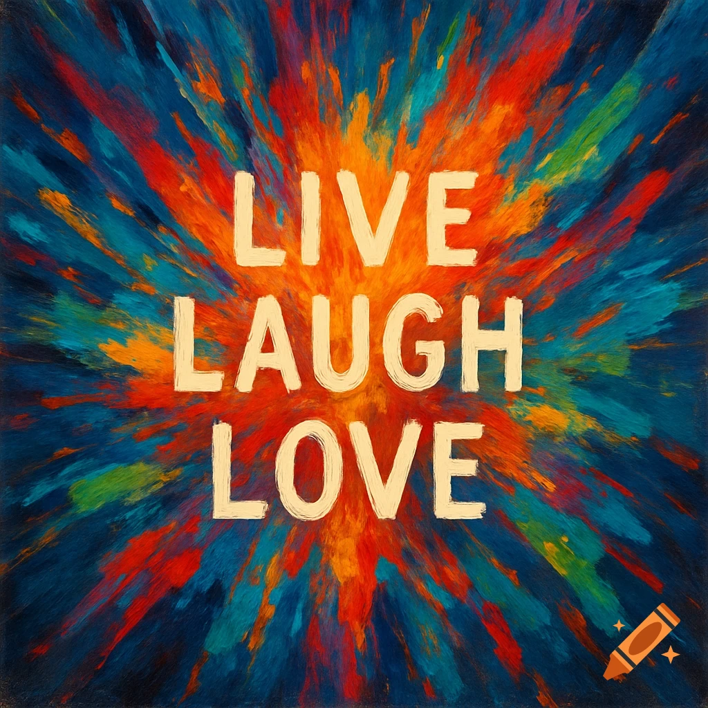 The words 'LIVE LAUGH LOVE' in white on an abstract, colorful explosion of blue, orange, and red paint strokes.