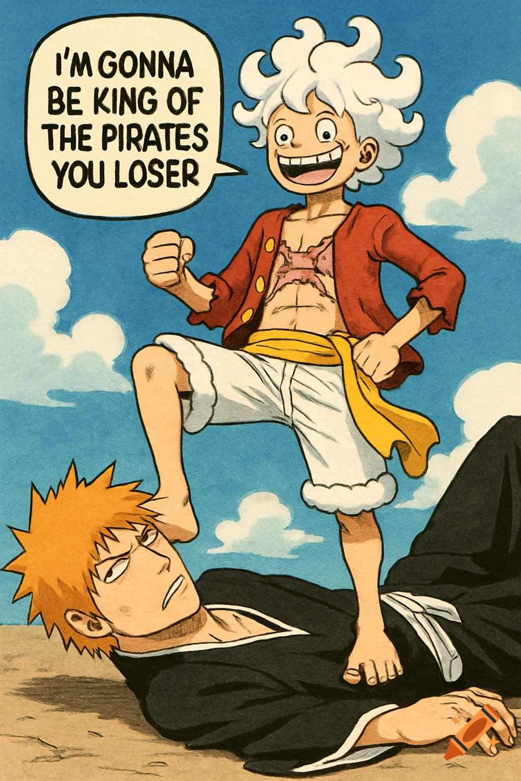Anime art of Luffy Gear 5 standing on Ichigo's head, saying 'I'M GONNA BE KING OF THE PIRATES YOU LOSER'.