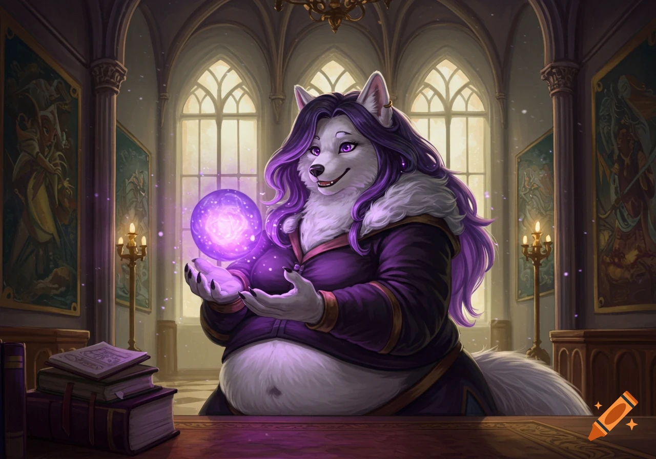An overweight white anthro wolf witch with purple hair and eyes holds a glowing purple magic orb in a grand palace hall.