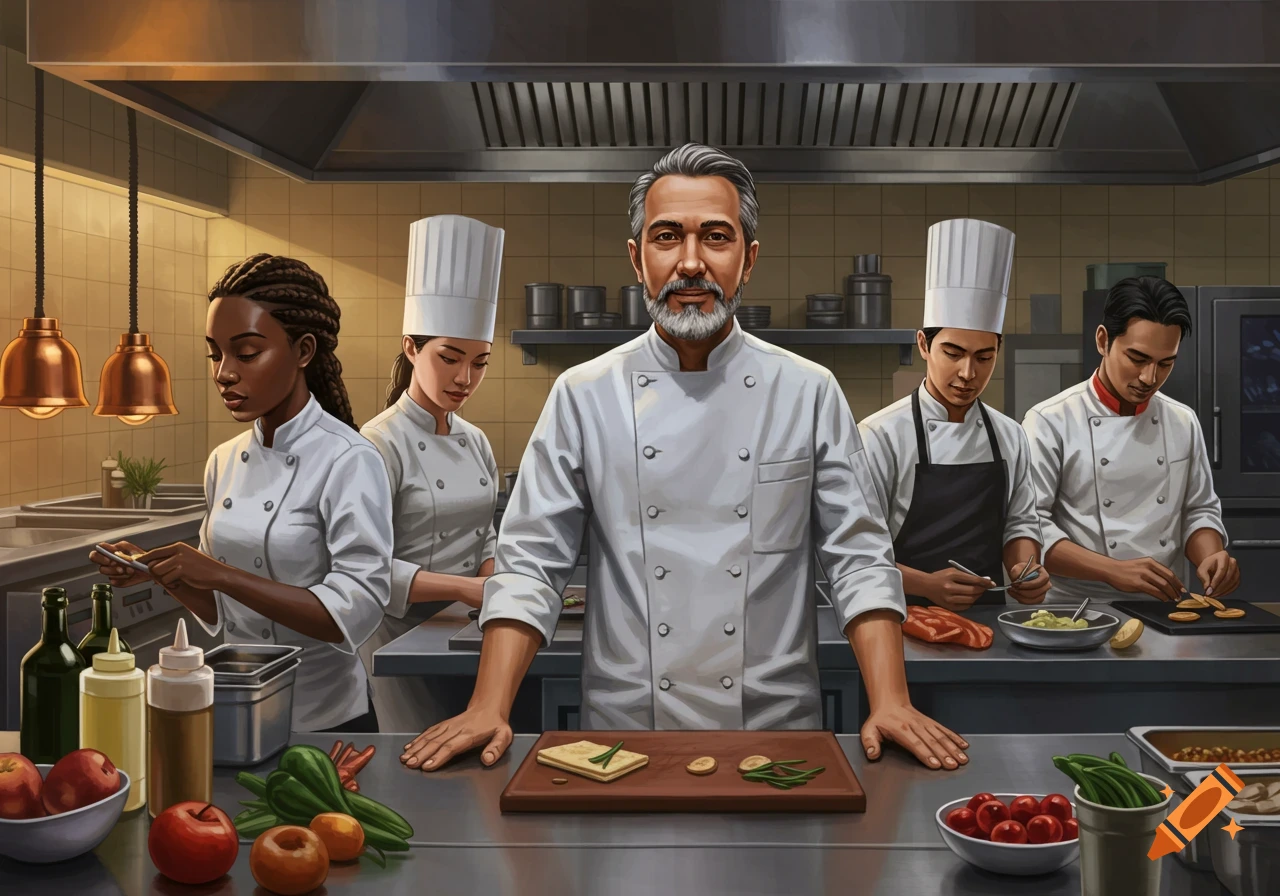An executive chef with a beard and grey hair stands at a kitchen counter, surrounded by a diverse team of four other chefs in a professional kitchen.