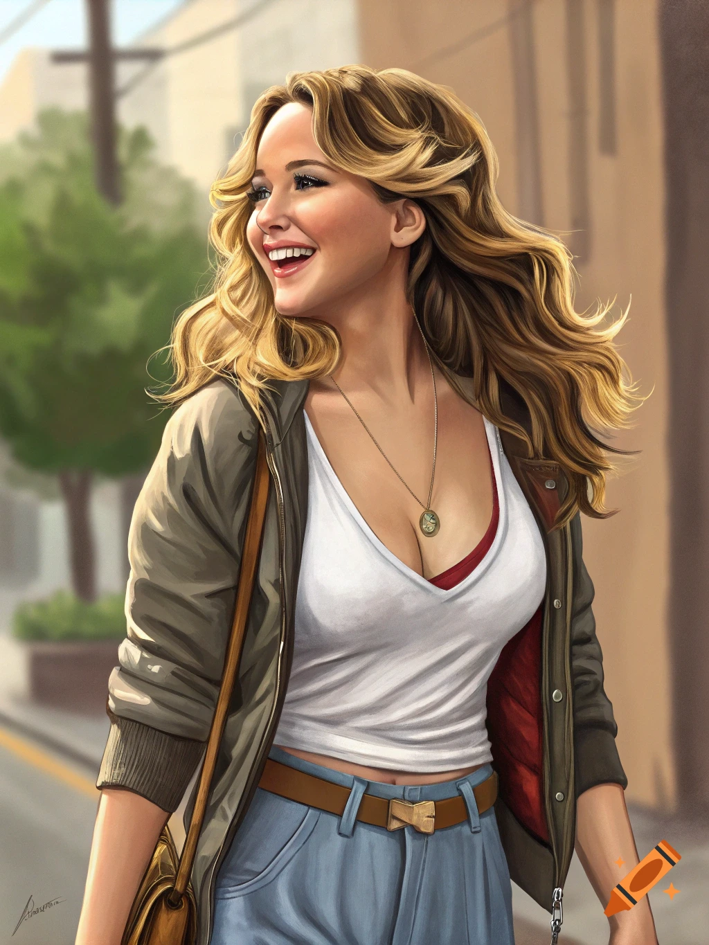 Digital painting of a smiling Jennifer Lawrence walking outdoors in a white top, jacket, and jeans.