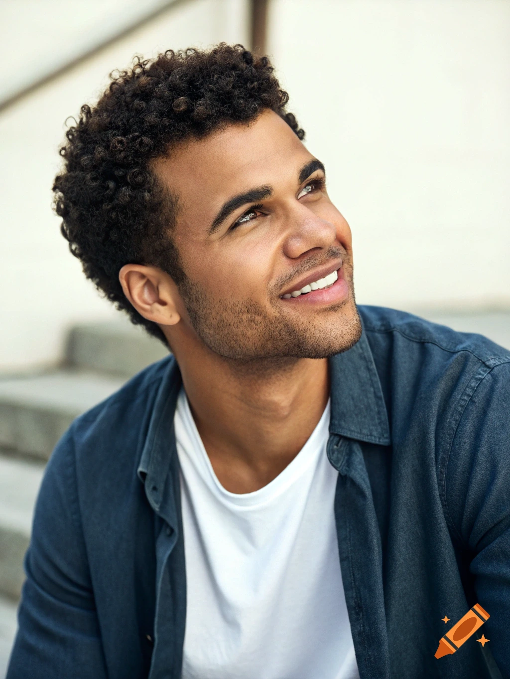 Photorealistic portrait of actor Mason Gooding, smiling and looking up.
