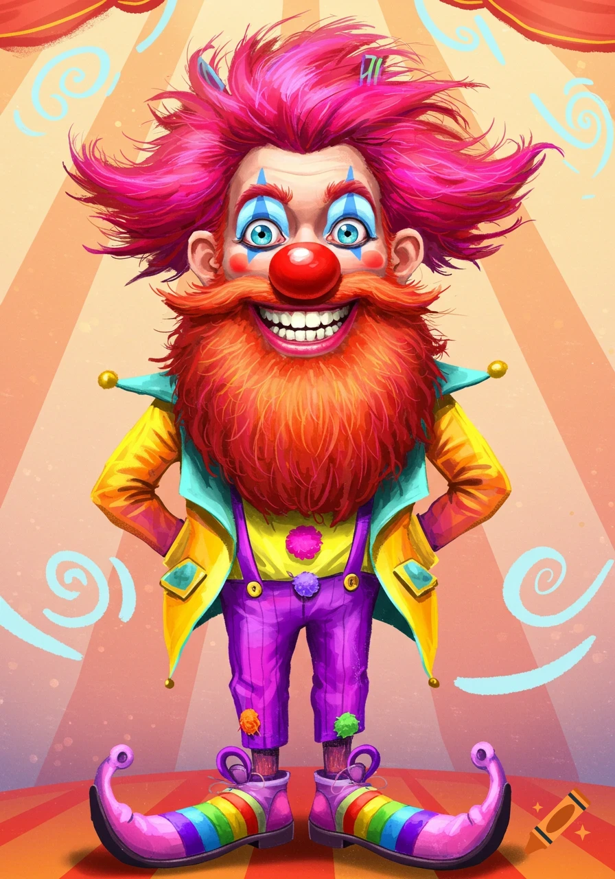 A vibrant, cartoon-style clown with bright pink hair, an orange beard, and a wide smile, wearing a yellow jacket and rainbow shoes.