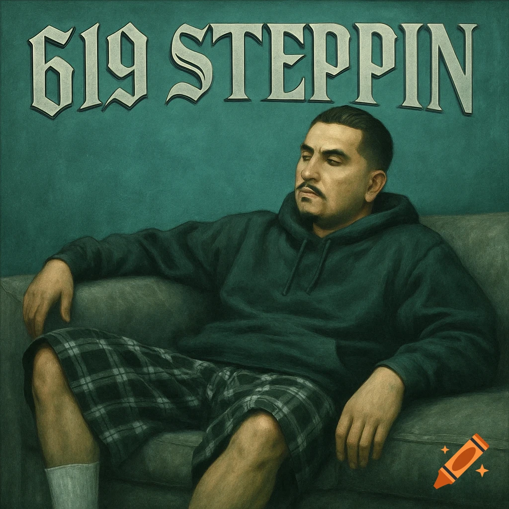 A man in a dark hoodie and plaid shorts relaxes on a couch under the title '619 STEPPIN', in a vintage art style.